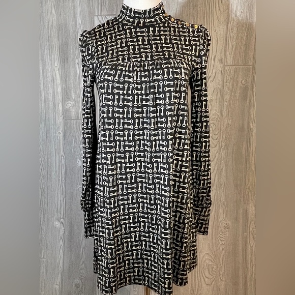 Juicy Couture Mock Neck Long Sleeve Silk Key Print Shift Dress Small / Petite - Picture 1 of 5